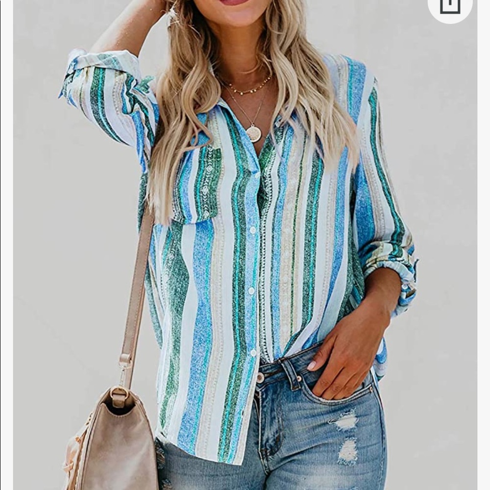 Multicolor V Neck Striped Roll up Sleeve Button Down Blouse